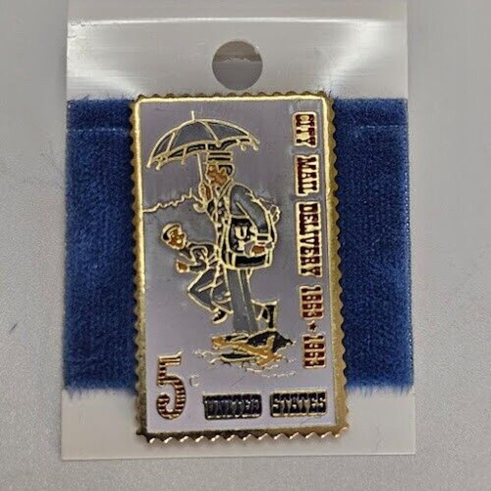 Vintage USPS 5 Cent Stamp Enamel-City Mail Delivery 1863-1963 Lapel Pin